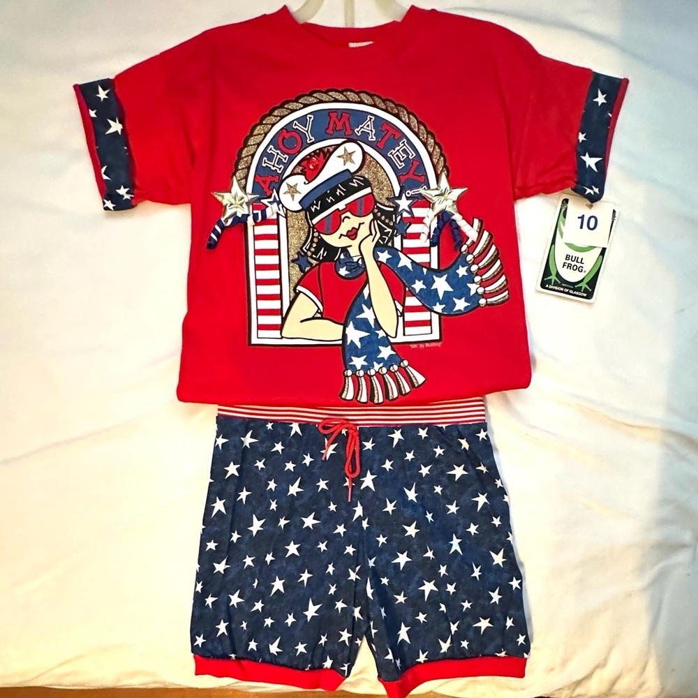 Vintage Bull Frog Girls Outfit Shorts & Tshirt 10 USA Red White Blue Stars Flag